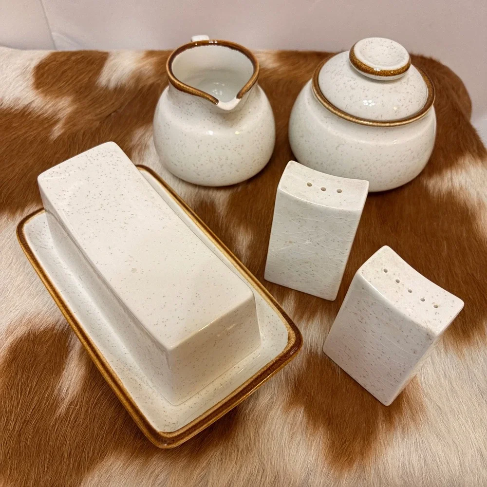 VTG Mikasa Natural Beauty C9000  Stoneware Butter Dish Creamer Sugar Set Japan